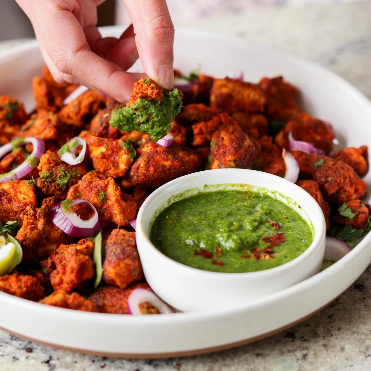 Tofu Koliwada (Indian Spicy Crispy Tofu) with Cilantro-Mint Chutney