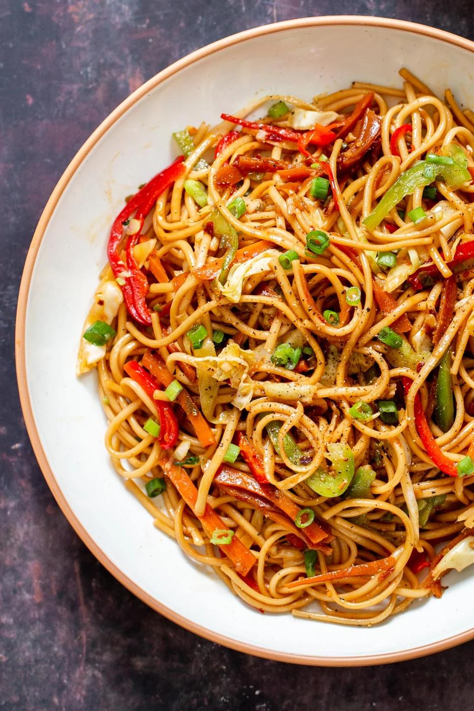 Indo Chinese Vegan Chilli Garlic Noodles in a white plate