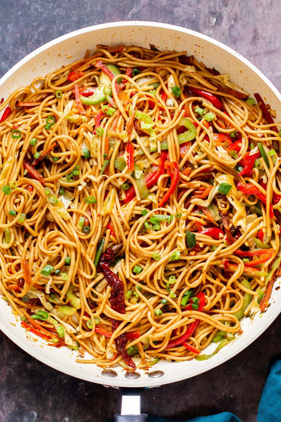 overhead shot of a pan with Indo Chinese Chili Garlic Noodles