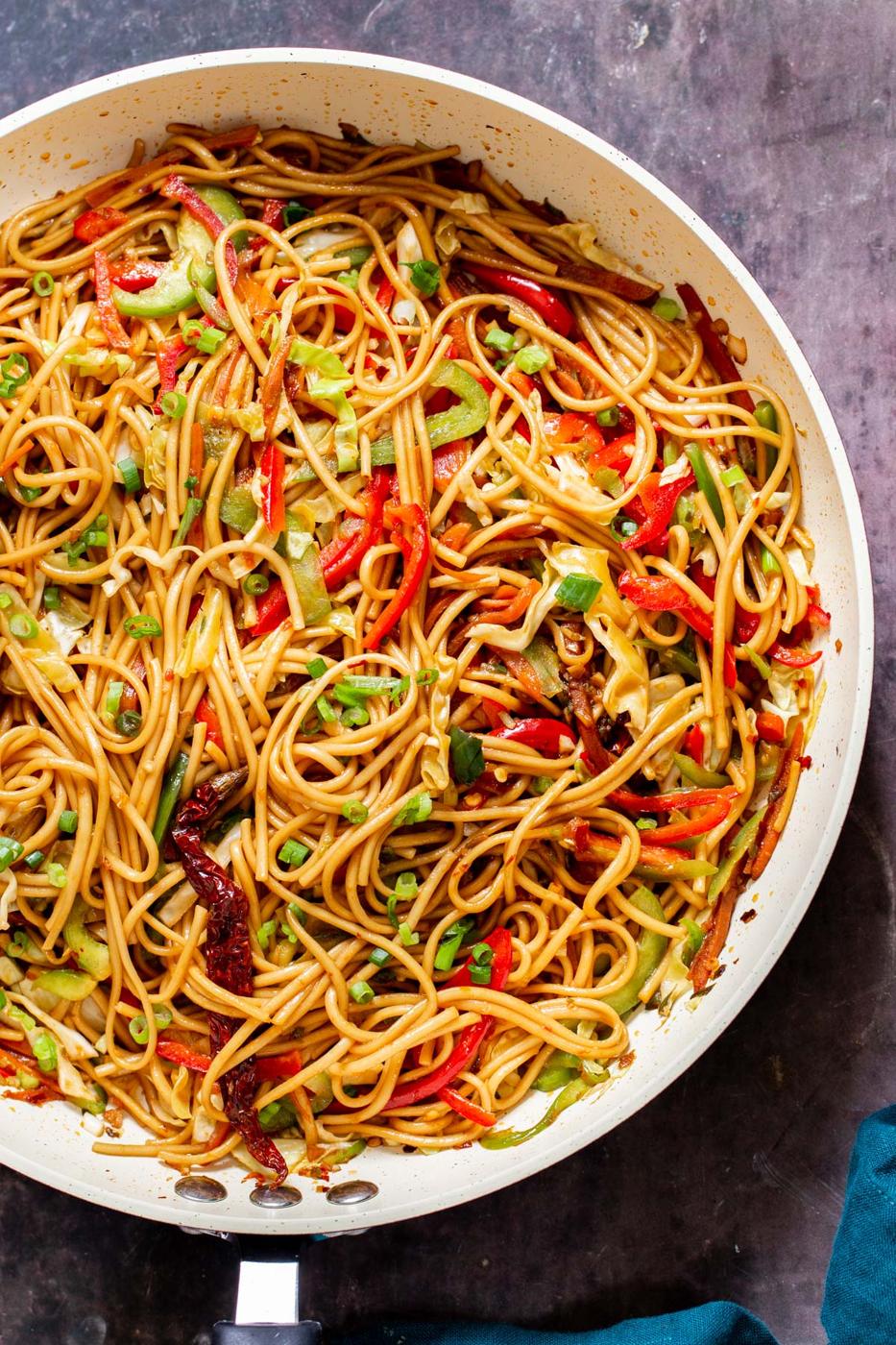 Indo Chinese Vegan Chilli Garlic Noodles in a white skillet