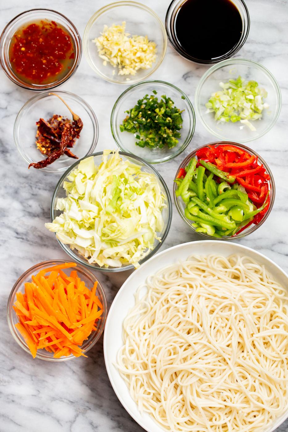 ingredients needed for making Indo Chinese Chili Garlic Noodles