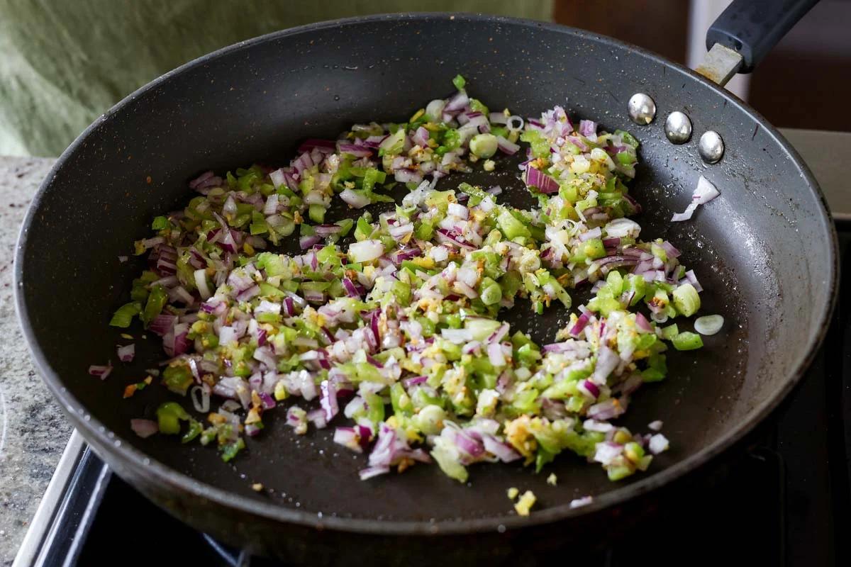 cooked onion, chilis, and peppers
