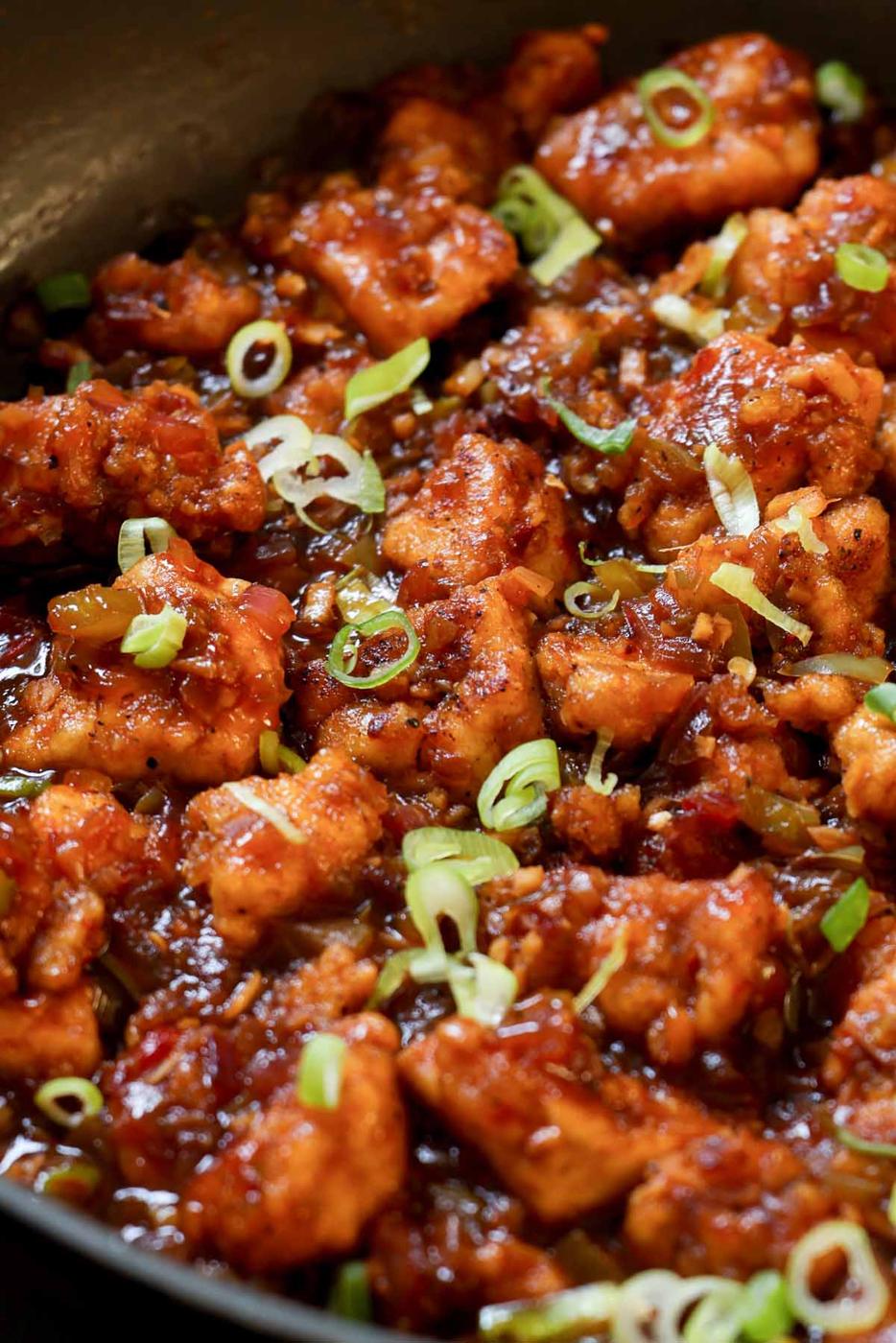 close-up of Indo-Chinese garlic pepper tofu in the pan