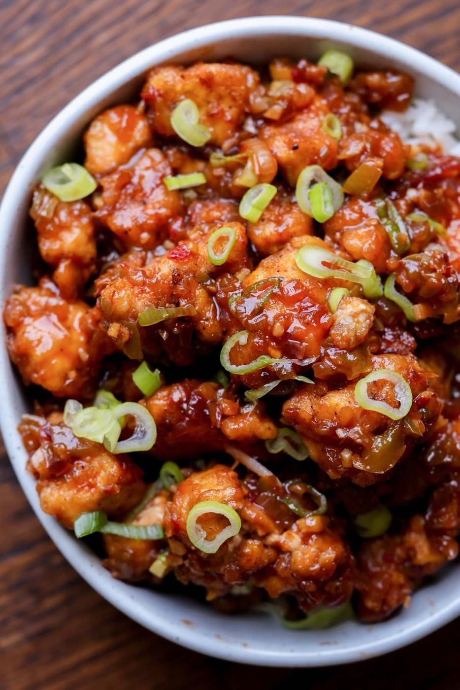 Indo-Chinese garlic pepper tofu in a bowl