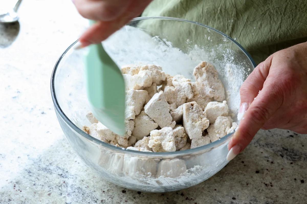 tofu tossed in the cornstarch mixture
