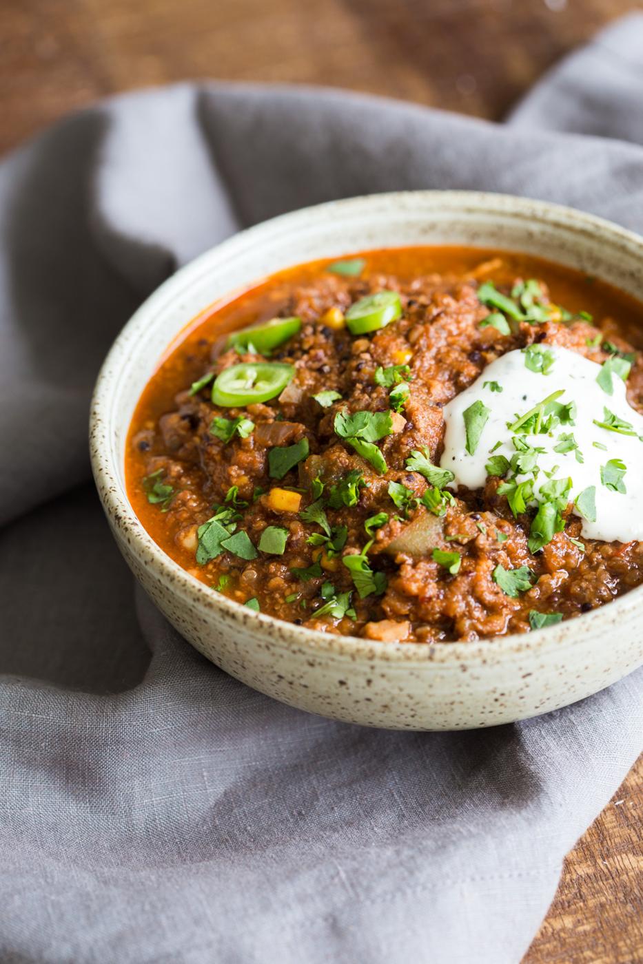 Instant Pot Vegan Enchilada Soup with Quinoa, walnuts, mushrooms. Bean-free Vegan Quinoa Chili with enchilada seasoning. Saucepan Option. #VeganRicha #Vegan #Soyfree #Glutenfree #Recipe #Nutfreeoption #oilfree