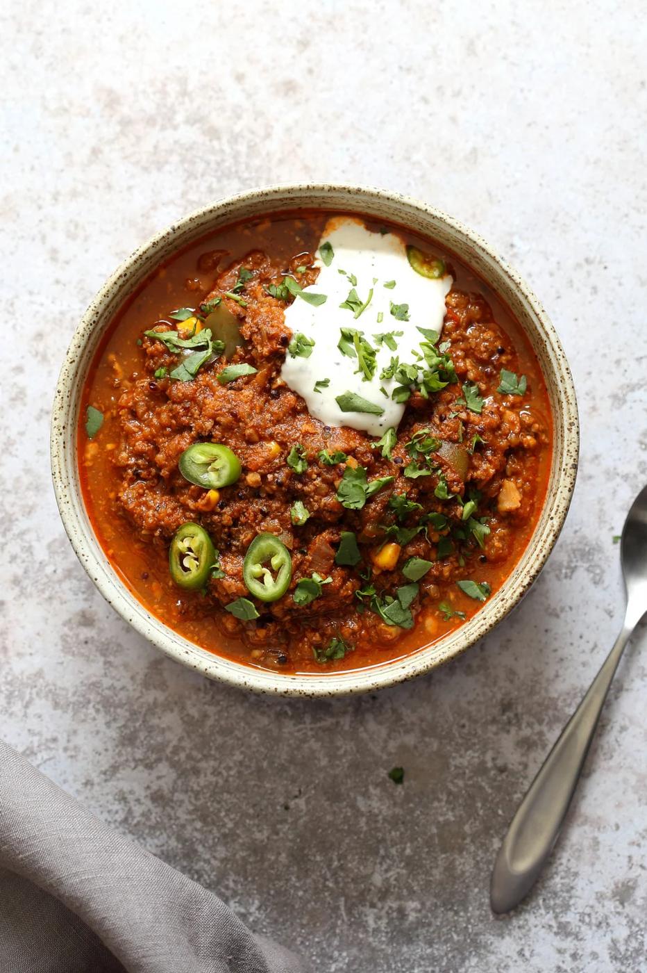 Instant Pot Vegan Enchilada Soup with Quinoa, walnuts, mushrooms. Bean-free Quinoa Chili with Homemade Enchilada seasoning. Saucepan Option. #VeganRicha #Vegan #Soyfree #Glutenfree #Recipe #Nutfreeoption