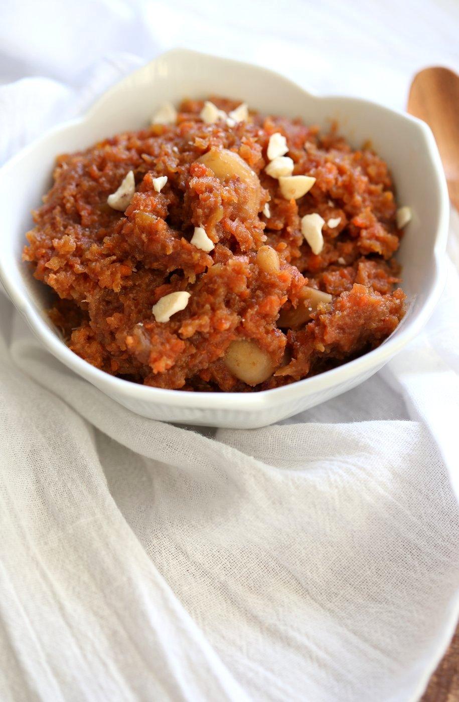 Instant Pot Gajar Halwa - Vegan Carrot Halwa Recipe. Carrot Halwa is an Indian dessert, a warm flourless Carrot Cake pudding that is spiced with cardamom and served during festivals. #Vegan #Glutenfree #Soyfree #Recipe #veganricha | VeganRicha.com
