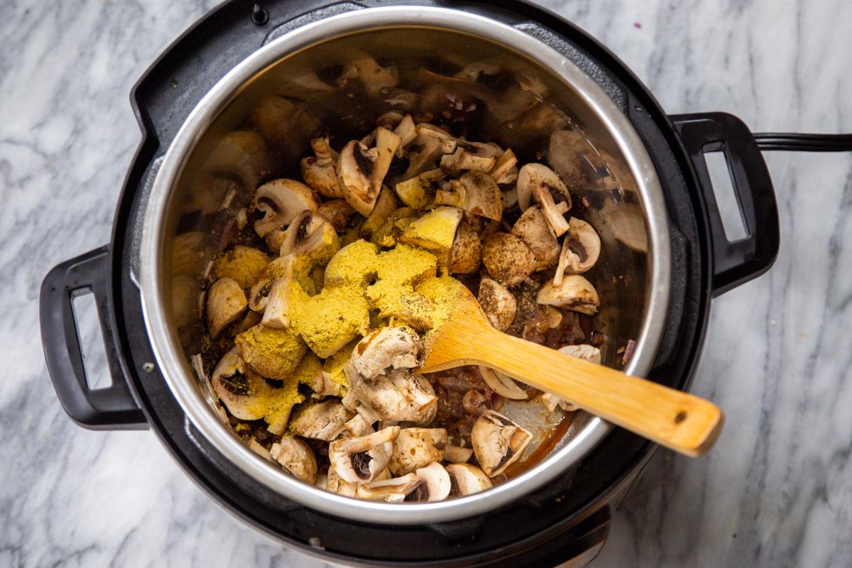 mushrooms and nutritional yeast in an Instant Pot