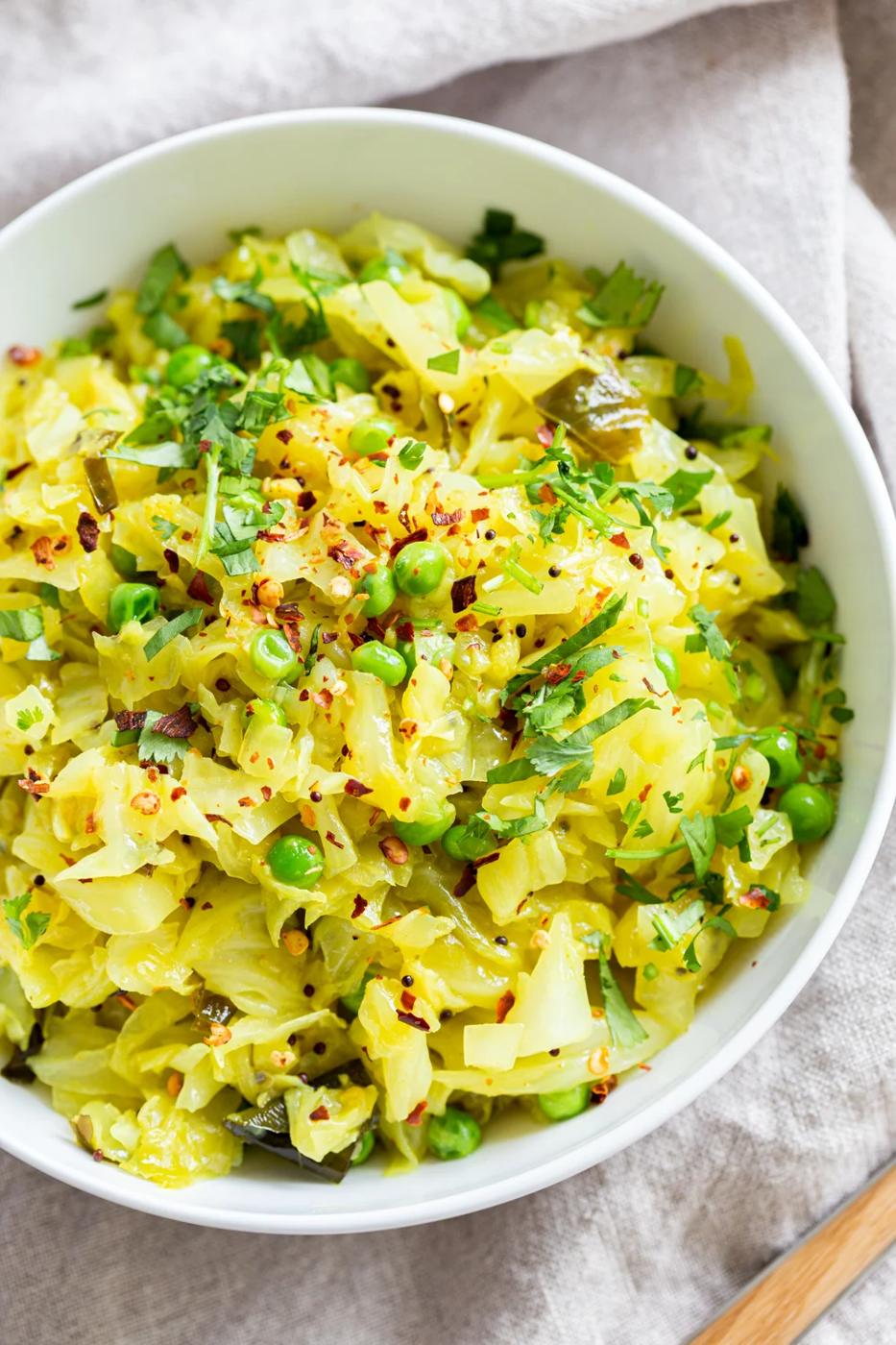 Instant Pot Indian Cabbage and Peas in a white bowl