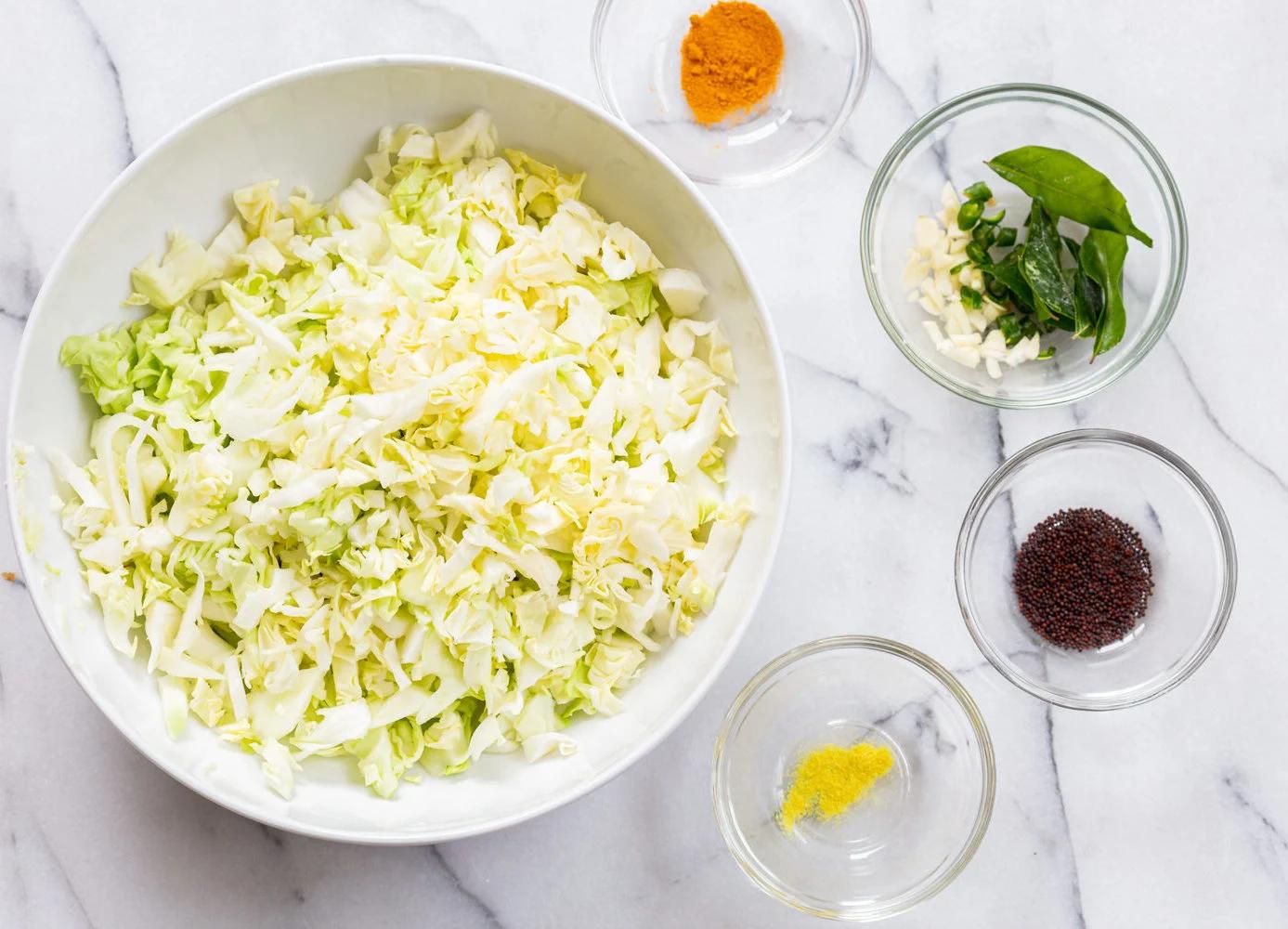Ingredients for Indian Cabbage and Peas in Bowls