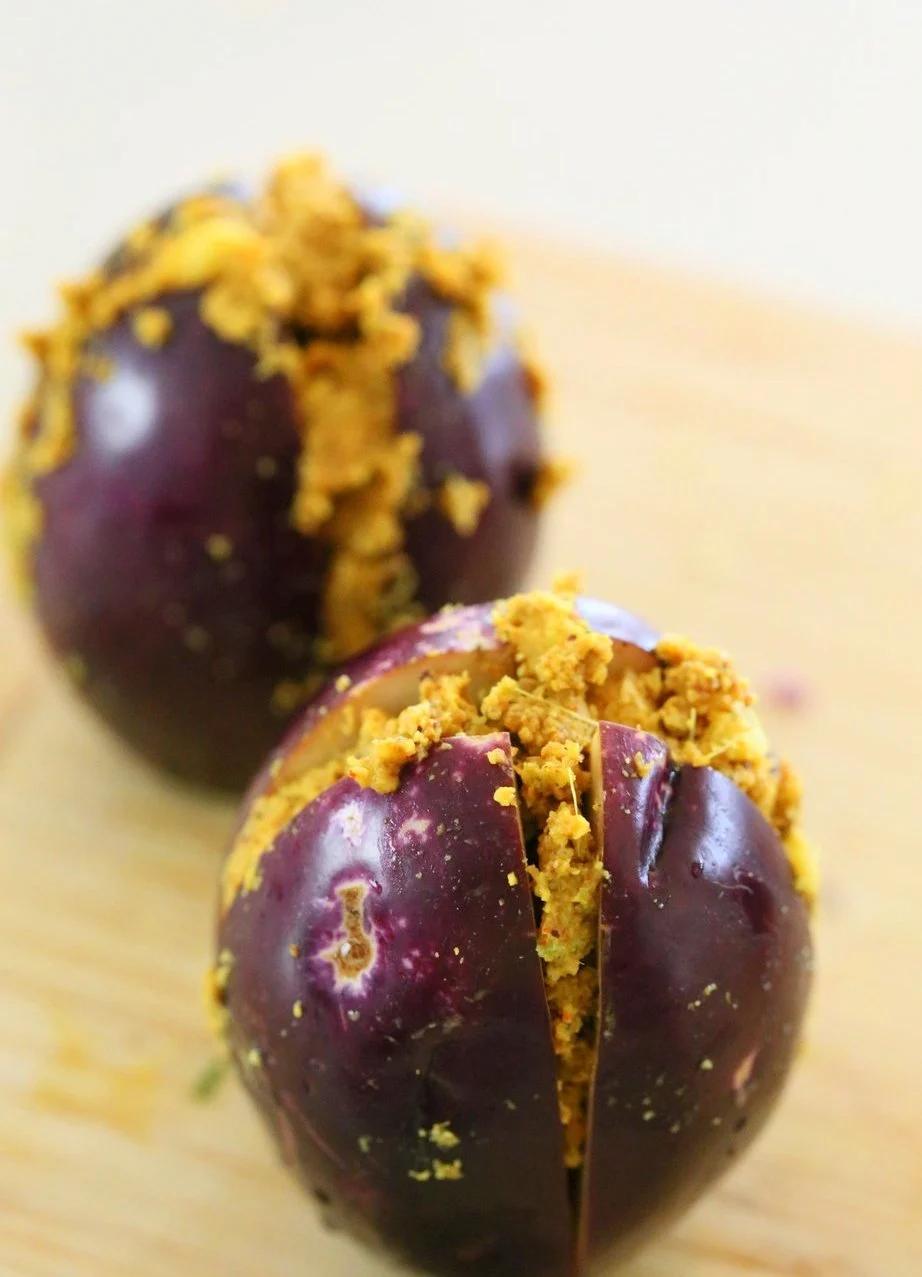 Instant Pot Masala Eggplant Curry. Pressure cooked Indian Baghare baingan. Stuffed Baby Eggplant Curry. #Vegan #Glutenfree #Soyfree #Recipe #veganricha | VeganRicha.com