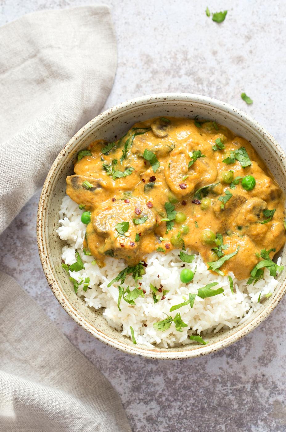 Instant Pot Mushroom Masala. Easy Mushrooms and peas in Creamy Sauce made in an Instant Pot. Add chickpeas for a hearty meal. #Vegan #Gluten-free #Soyfree #Recipe. Can be #nutfree #VeganRicha