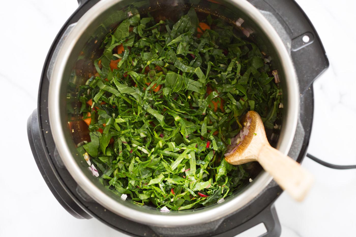 Instant Pot Saag Aloo with Chard and Sweet Potatoes. Sweet Potato Chard/Spinach curry. Serve this easy side with dals or curries or add to a bowl. #Vegan #veganricha #soyfree #Glutenfree #Recipe easily #nutfree| VeganRicha.com