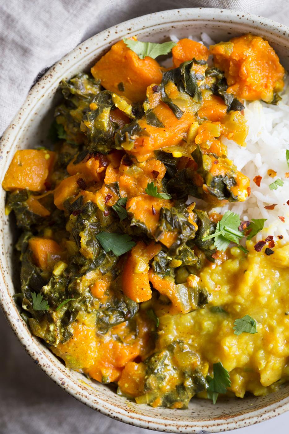 Instant Pot Saag Aloo with Chard and Sweet Potatoes. Sweet Potato Chard/Spinach curry. Serve this easy side with dals or curries or add to a bowl. #Vegan #soyfree #Glutenfree #Recipe easily #nutfree #veganricha2| VeganRicha.com