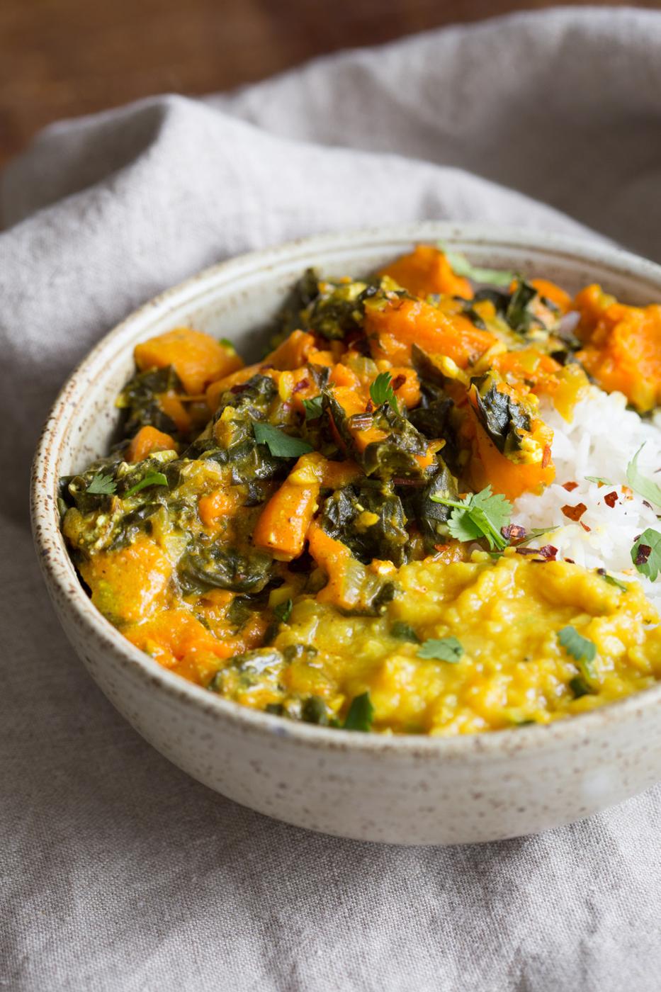 Instant Pot Saag Aloo with Chard and Sweet Potatoes. Sweet Potato Chard/Spinach curry. Serve this easy side with dals or curries or add to a bowl. #Vegan #soyfree #Glutenfree #Recipe easily #nutfree| VeganRicha.com
