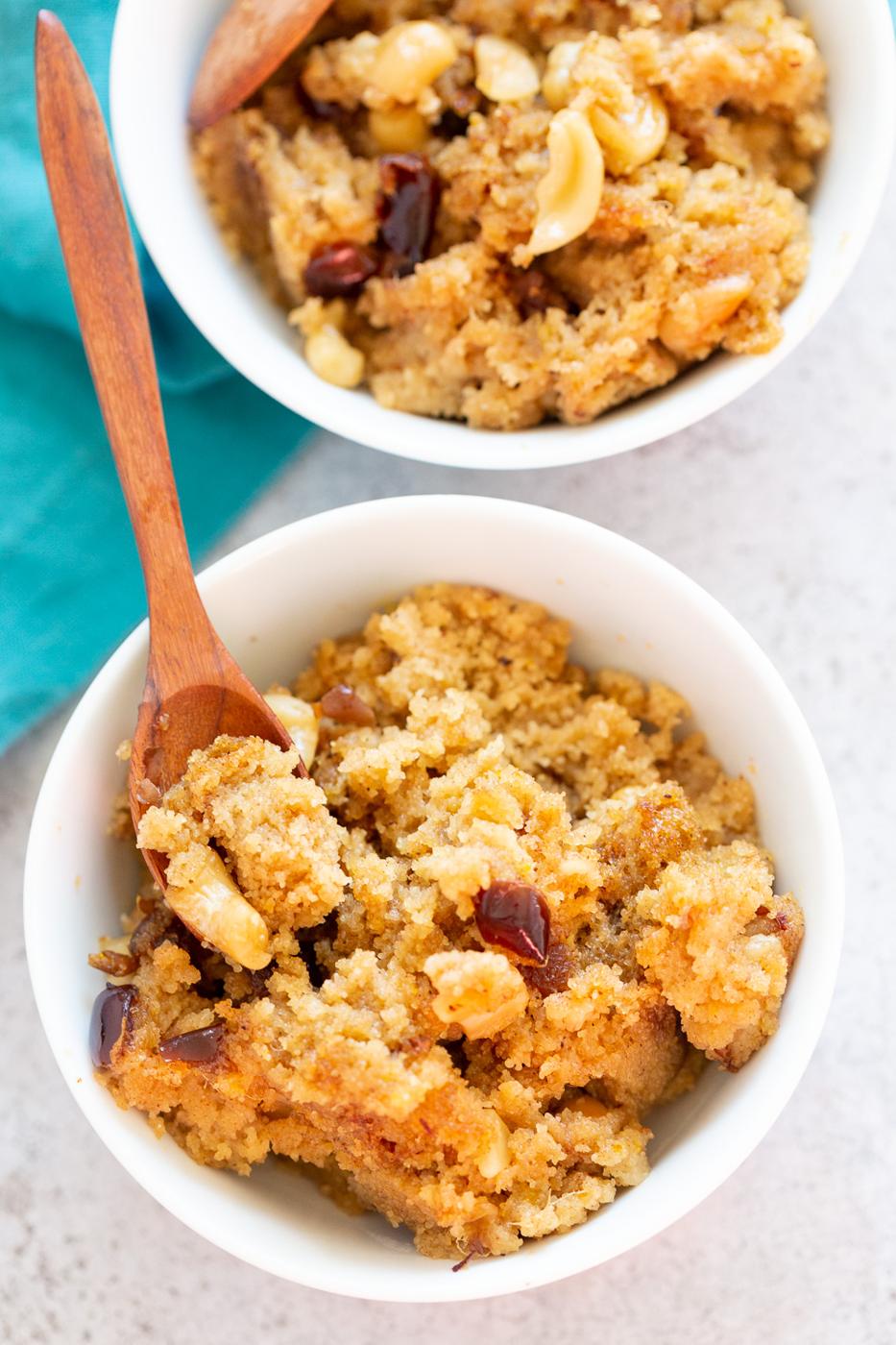 Instant Pot Sooji Halwa - Rava Kesari / Sheera. Vegan Indian Spoon Fudge. Add pineapple or bananas for Pienapple or Banana Sheera. Can be nutfree, glutenfree #veganricha #vegan #indian #soojihalwa