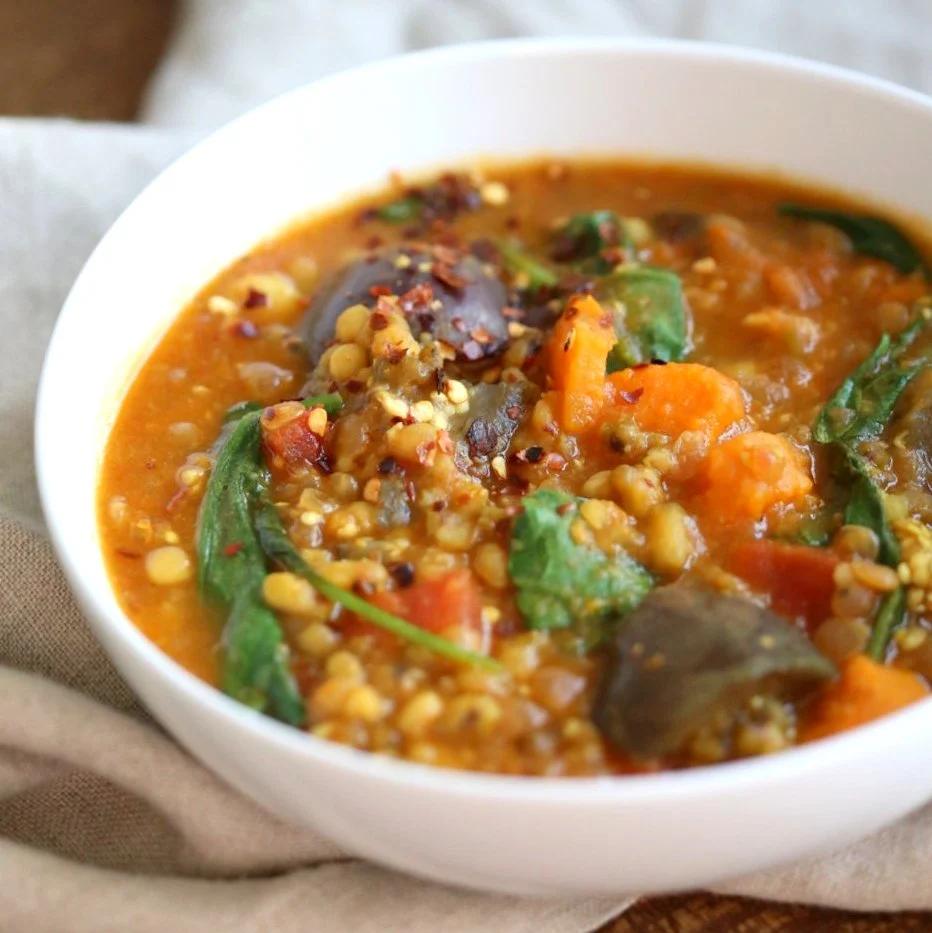 Instant Pot Eggplant Sweet Potato Lentil Curry. Mung Beans, lentils, spices, sweet potato and eggplant make a filling curry or soup. Use other veggies of choice. Vegan Gluten-free Soy-free Nut-free Recipe. Make it in a saucepan or InstantPot Pressure Cooker. #vegan #glutenfree #soyfree #veganricha