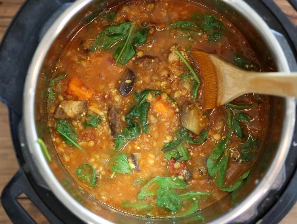 Instant Pot Eggplant Sweet Potato Lentil Curry. Mung Beans, lentils, spices, sweet potato and eggplant make a filling curry or soup. Use other veggies of choice. Vegan Gluten-free Soy-free Nut-free Recipe. Make it in a saucepan or InstantPot Pressure Cooker. #vegan #glutenfree #soyfree #veganricha