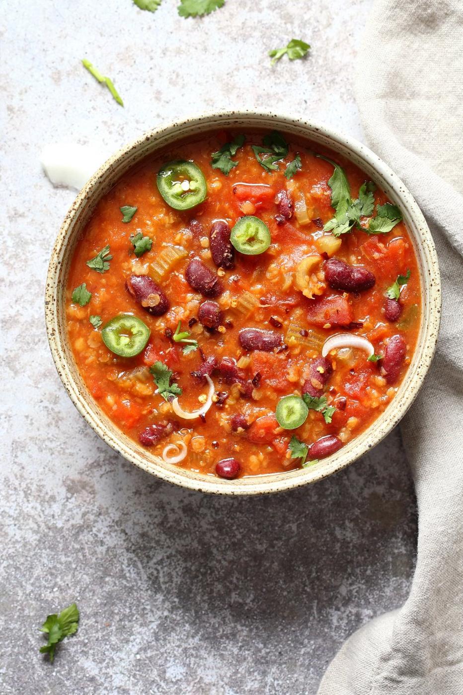 Instant Pot Vegan Chili - Oil-free Kidney Bean Red Lentil Chili. Easy Bean Lentil Soup. #Vegan #Glutenfree #Nutfree #Soyfree #Recipe #veganricha | VeganRicha.com