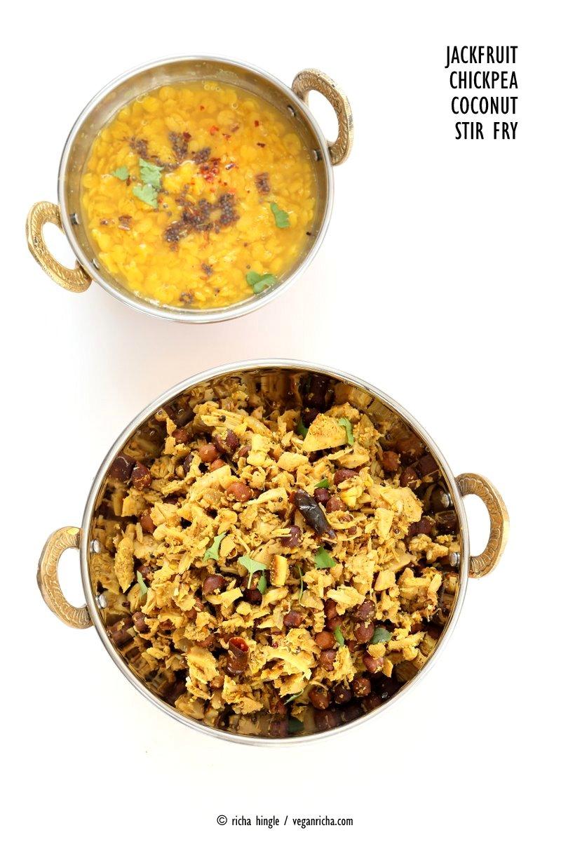Fanasachi Bhaji - Maharashtrian Jackfruit Brown Chickpea Coconut Stir fry with coconut, sesame, Indian spices. Vegan Gluten-free Soy-free Side Recipe.| VeganRicha.com