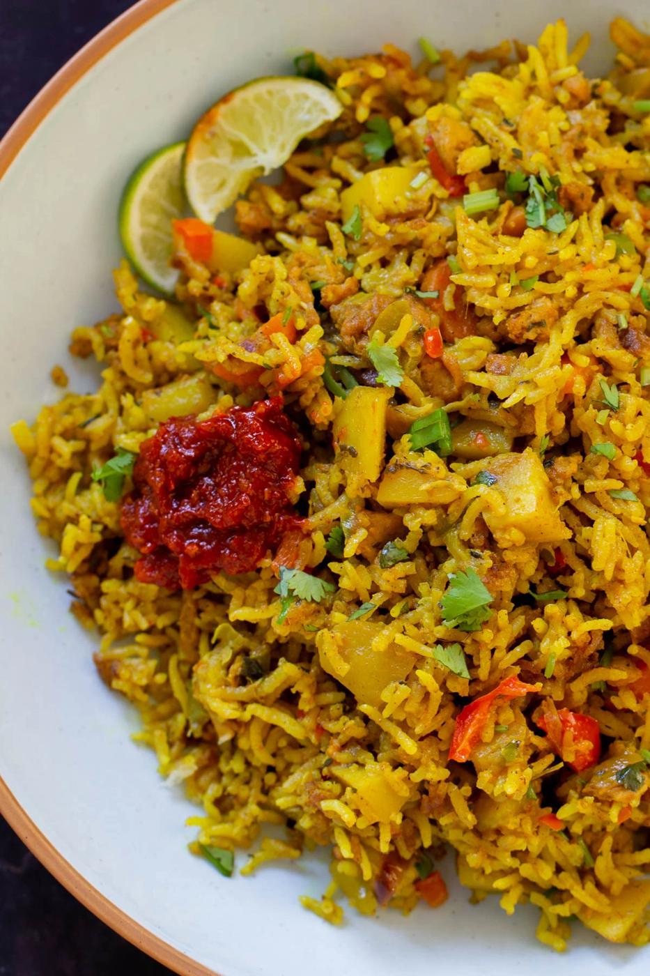 close-up of the Jamaican curry rice in the bowl