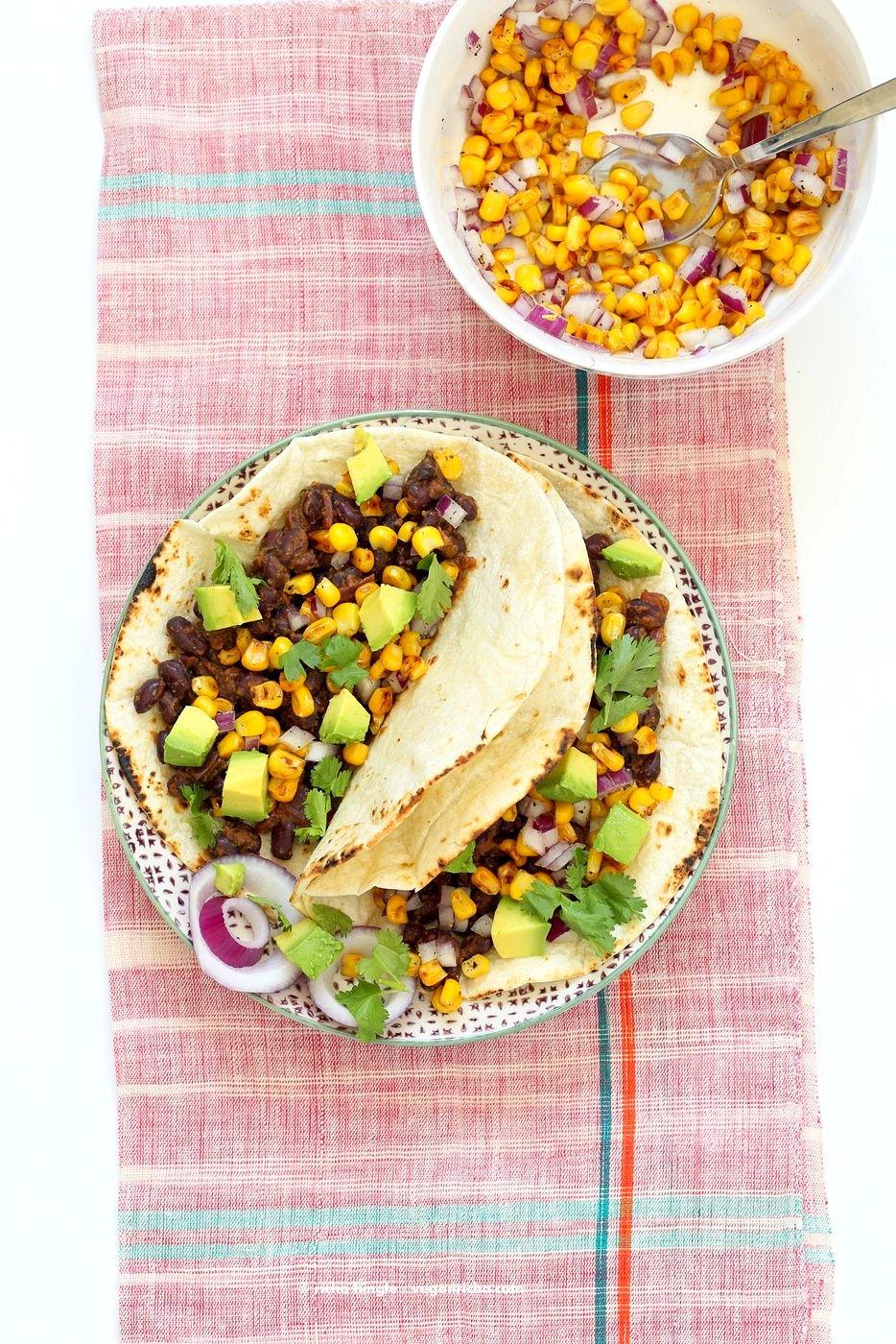 Jamaican Jerk Black Bean Tacos with Roasted Corn Salsa. 25 minute Tacos, full of flavor. Vegan Soy-free Recipe. Can be gluten-free with gf tortillas or soft tacos. | VeganRicha.com