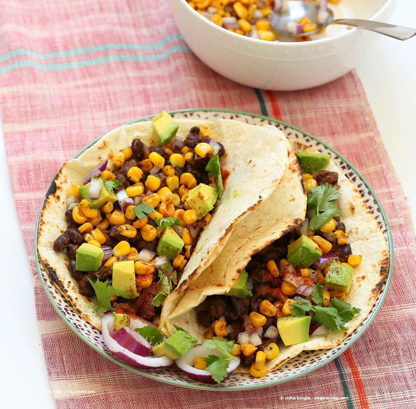 Jamaican Jerk Black Bean Tacos with Roasted Corn Salsa. 25 minute Tacos, full of flavor. Vegan Soy-free Recipe. Can be gluten-free with gf tortillas or soft tacos. | VeganRicha.com