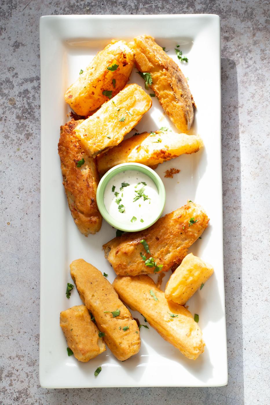 vegan jo jo potatoes served with vegan ranch dip