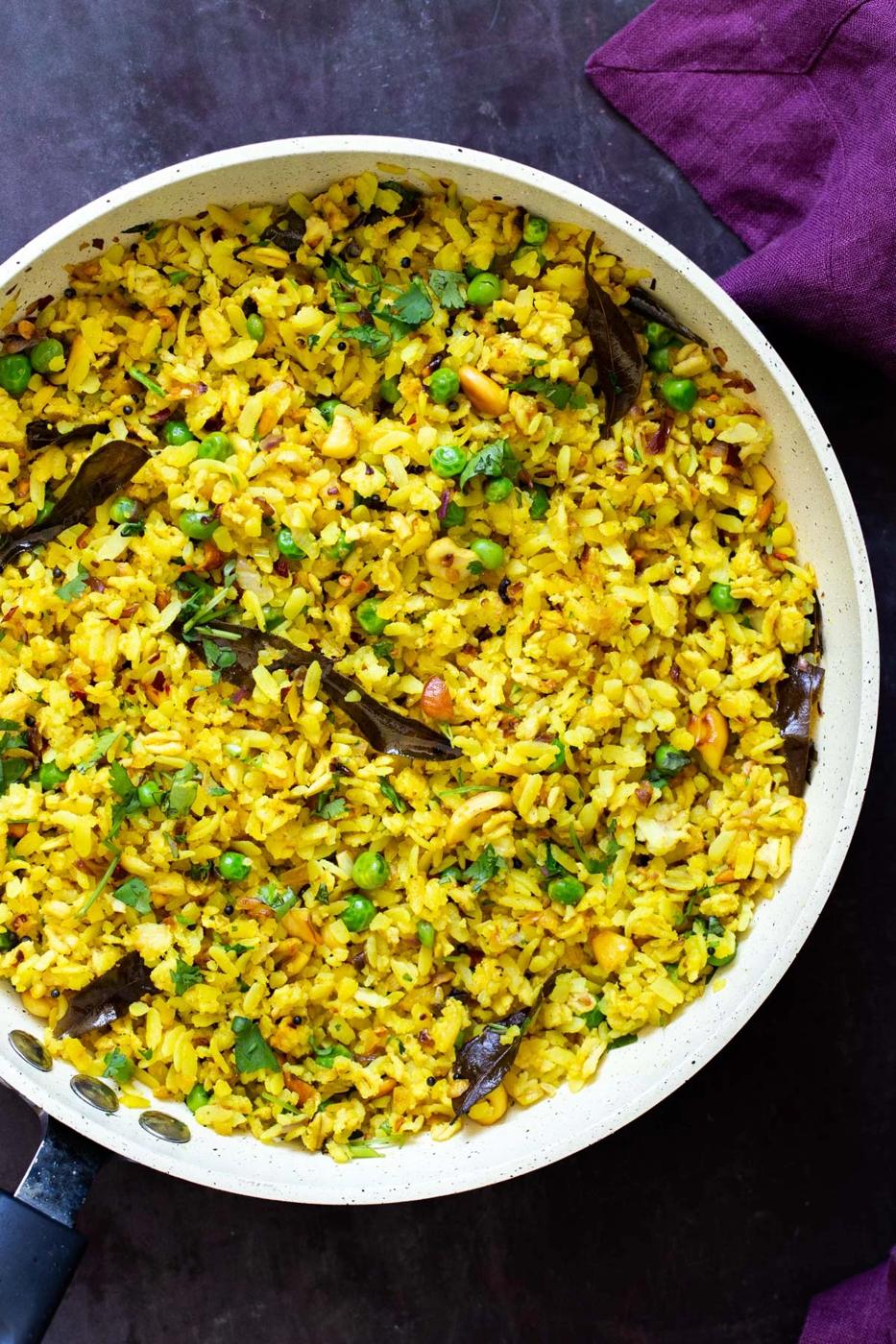 Kanda Poha (Spiced Veggie Rice flakes Oat Breakfast)