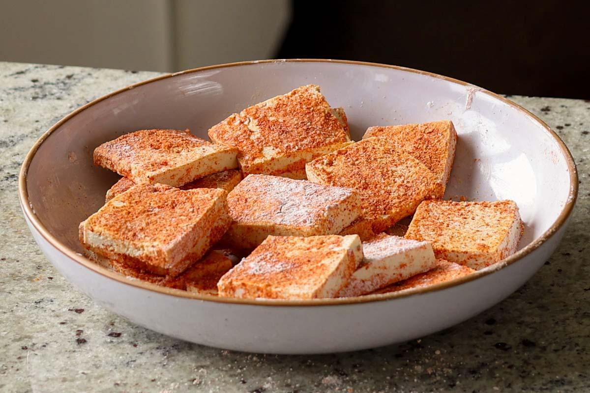tofu mixed with the cornstarch and spices
