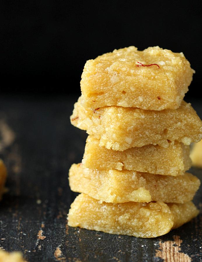 Vegan Kesar Burfi - Almond Semolina Fudge | Pitzn