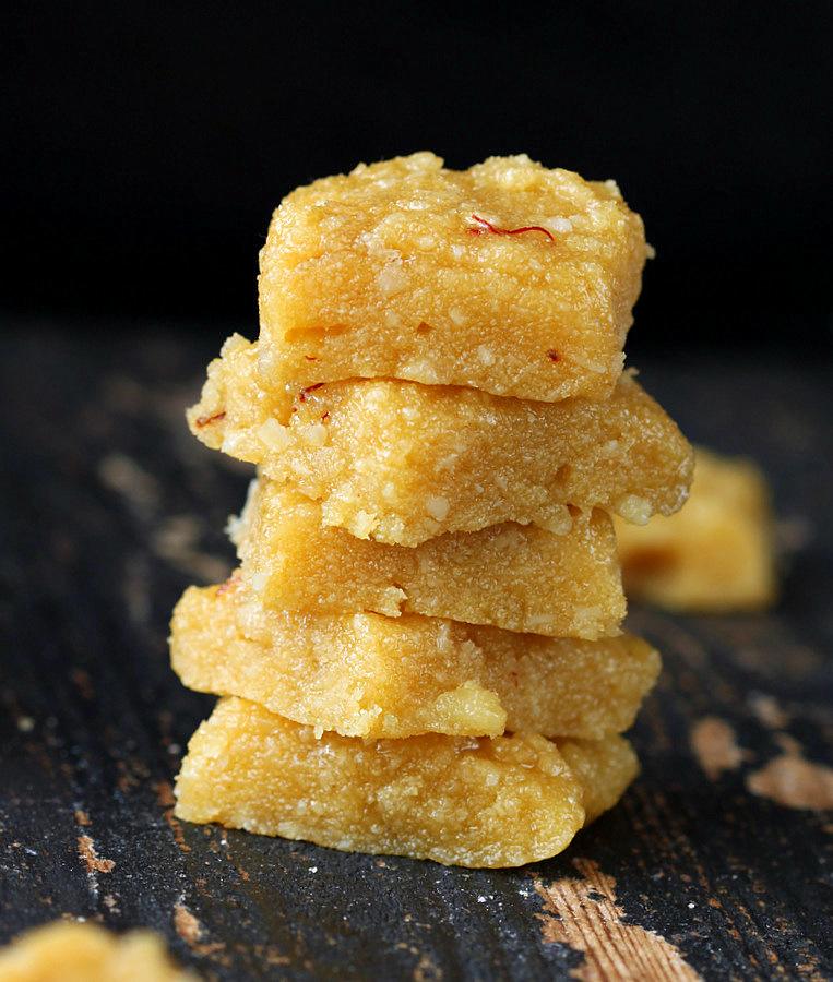 Vegan Kesar Burfi - Almond Semolina Fudge flavored with Saffron. | VeganRicha.com #vegan #burfi #Indian