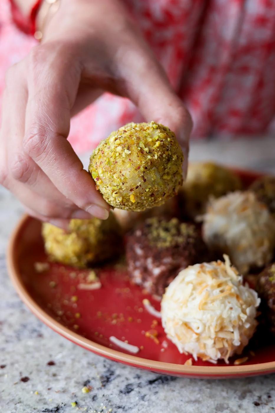 rice pudding truffle coated in pistachios