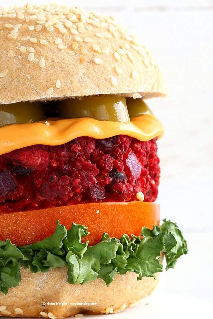 Kidney Bean Millet Beet Burger. Veggie Burgers with Beet, beans and millet (or quinoa). Bake or pan fry and serve with vegan cheese and garnishes of choice. Vegan Burger patties. Soyfree, gluten-free patties. | VeganRicha.com