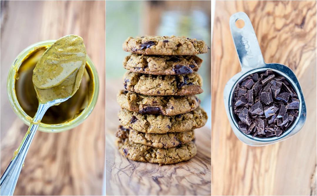 pistachio butter in glass jar, stack of pistachio cookies, dark chocolate chunks