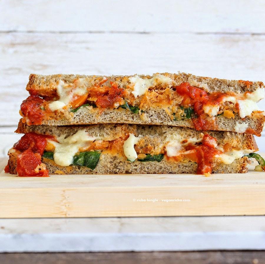 Vegan Lasagna Grilled Cheese Sandwich! Nut-free Soy-free Alfredo sauce, lentils cooked in pasta sauce, veggies, greens, vegan cheese | VeganRicha.com