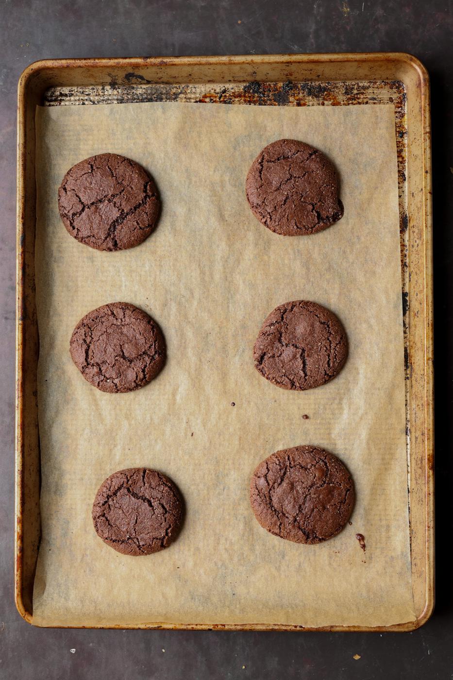 lava cookies on the baking sheet after baking