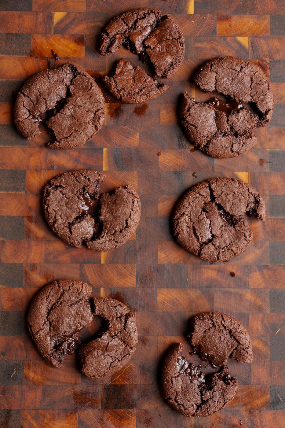 lava cookies broken open on the baking sheet