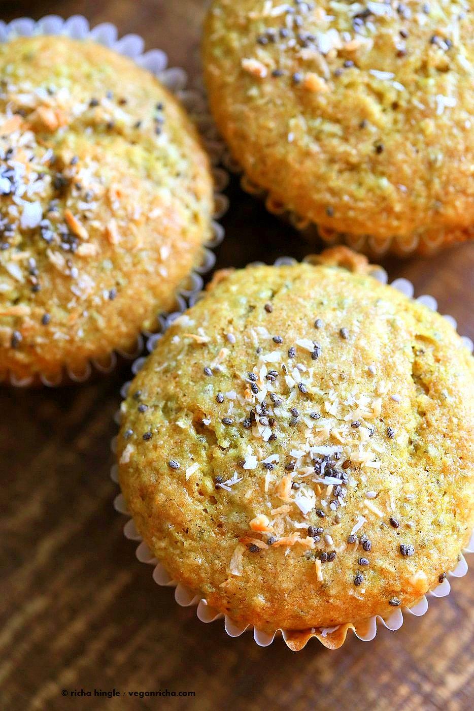 Lemon Coconut Chia Muffins. Zesty Muffins with Lemon, chia seeds, coconut and Turmeric. 1 bowl 20 minute muffins. Vegan Soy-free Nut-free Oil-free Recipe | VeganRicha.com