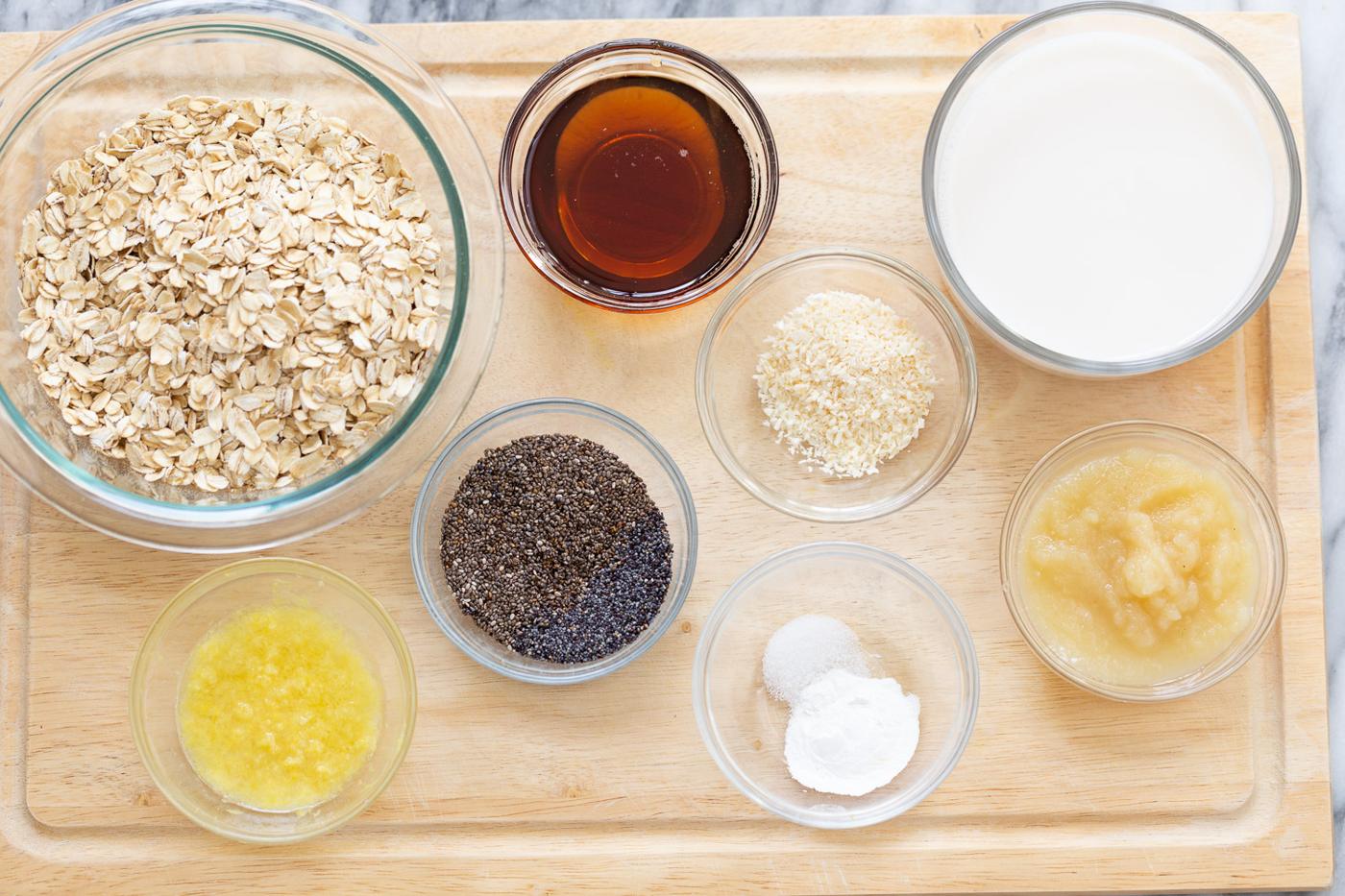 overhead shot of ingredients needed for making vegan baked oatmeal