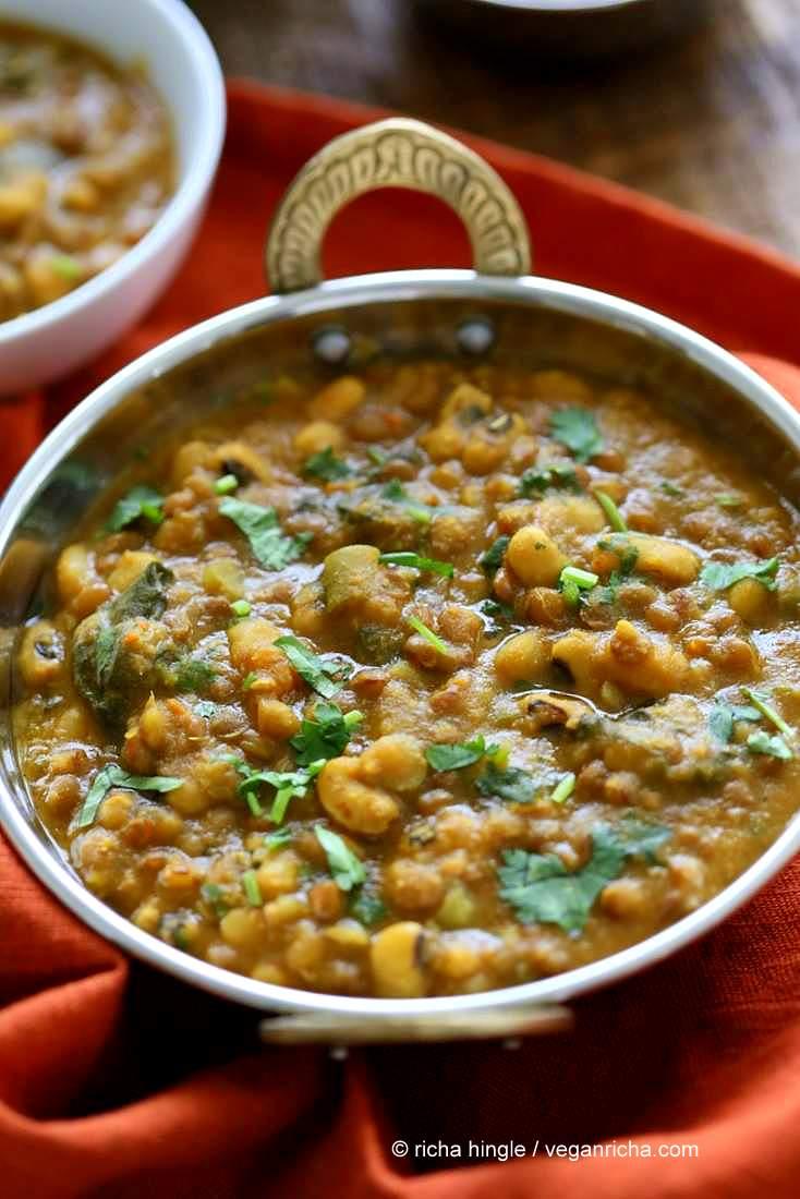 Lentil Black Eyed Pea soup with Greens | https://veganricha.com #vegan #glutenfree #soup #Indian #blackeyedpea #lentil