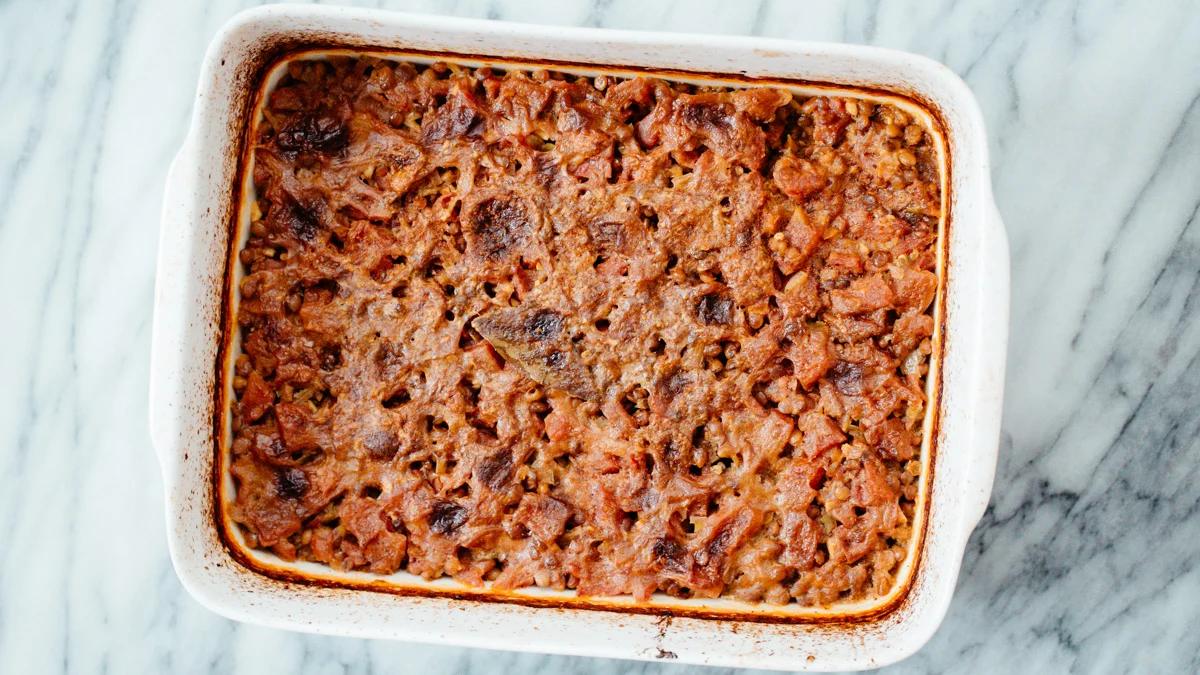 vegan Indian Curry Lentil Casserole fresh out of the oven