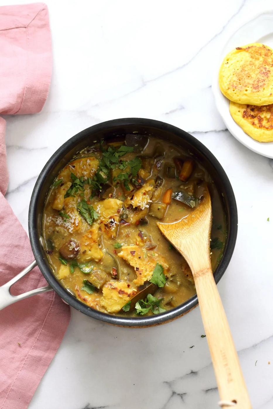 Lentil Fritters in Eggplant, Sweet Potato Coconut Stew - Bengali Inspired Chapor Ghonto. Indian Veggie Stew with Moong Dal patties. #Vegan #Glutenfree #Indian #Recipe #veganricha | VeganRicha.com