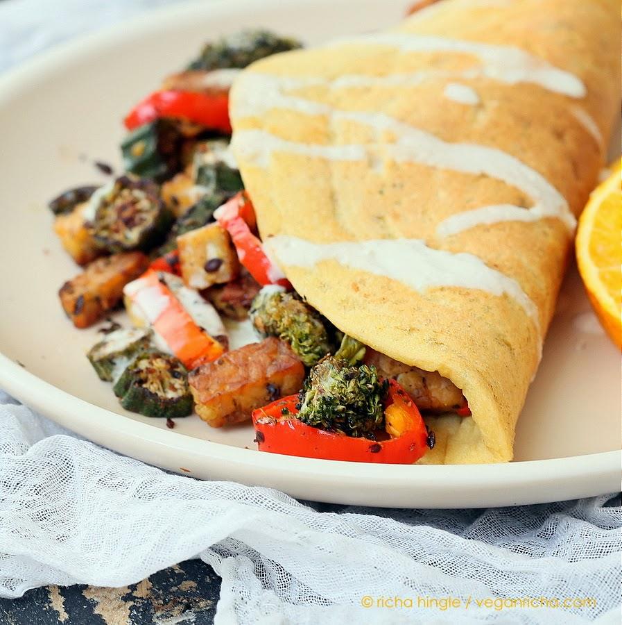 Lentil Mung Bean Omelet - Vegan Omelette No Chickpea Flour - Dal Chilla Stuffed with Blackened Tempeh, Okra, Broccoli and served with a creamy vegan havarti dressing. Vegan Breakfast or Brunch Soyfree Recipe | Pitzn