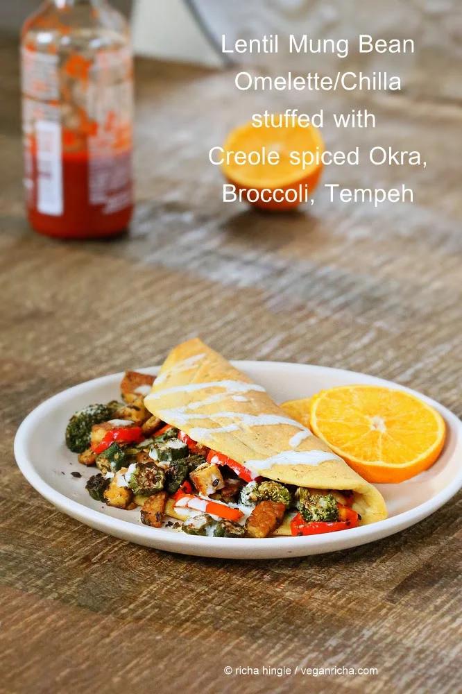 Lentil Mung Bean Omelet (Vegan Omelette No Chickpea Flour) Dal Chilla with Blackened Veggies