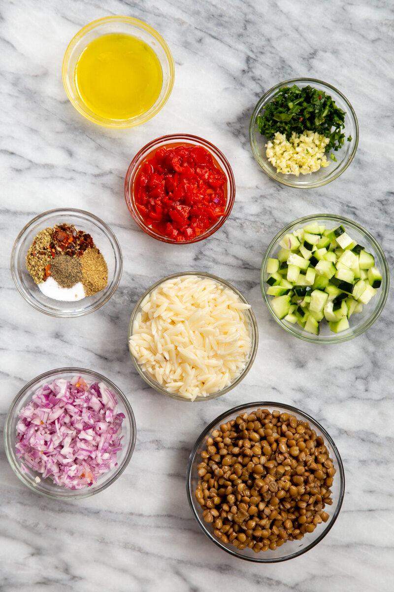 ingredients needed for making vegan lentil farro salad