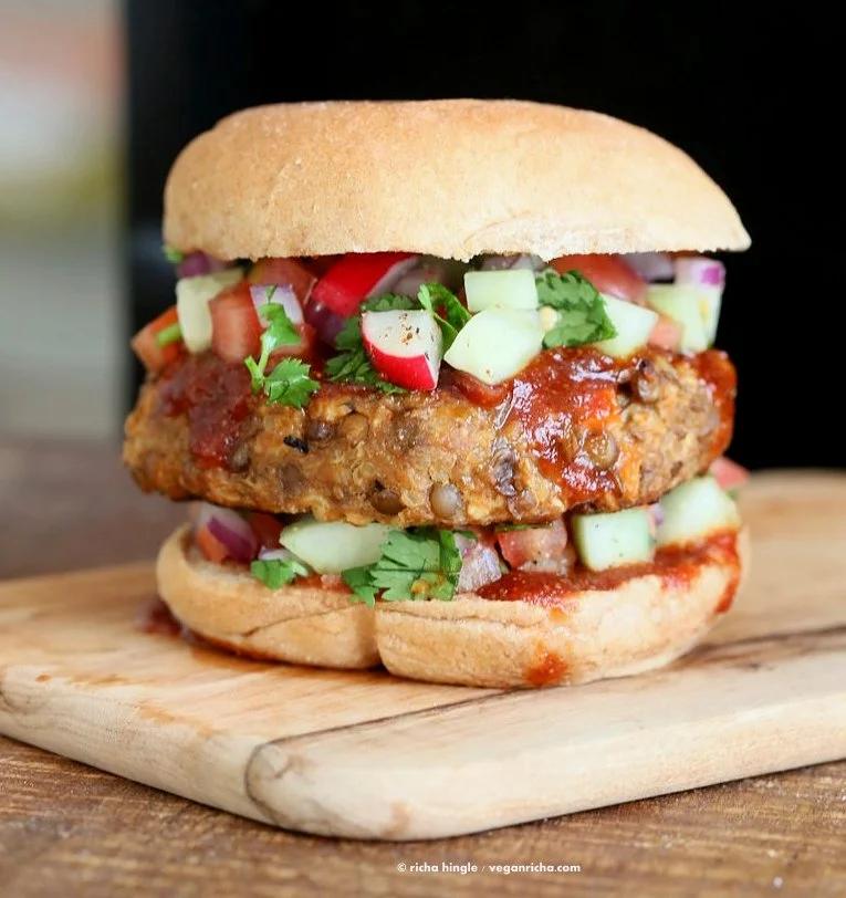 Lentil Quinoa Meatloaf Burgers. Lentil Quinoa Burger patties with bbq glaze. Easy "Meatloaf" Burgers. Serve as burgers with buns or as patties over a salad. Vegan Nut-free Recipe | VeganRicha.com