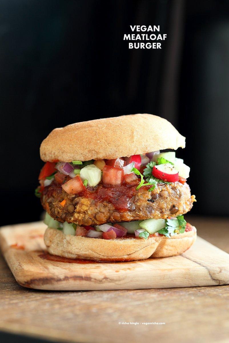 Lentil Quinoa Meatloaf Burgers. Lentil Quinoa Burger patties with bbq glaze. Easy "Meatloaf" Burgers. Serve as burgers with buns or as patties over a salad. Vegan Nut-free Recipe | VeganRicha.com