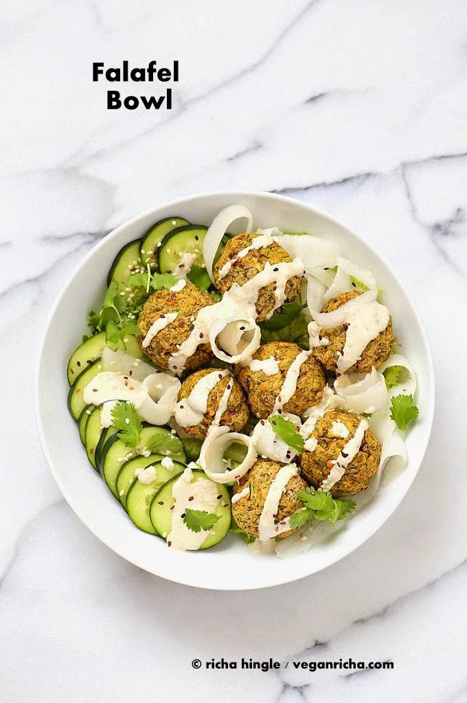 Baked Lentil Split Pea Falafel Bowl with Tahini dressing. Gluten-free Soy-free Recipe